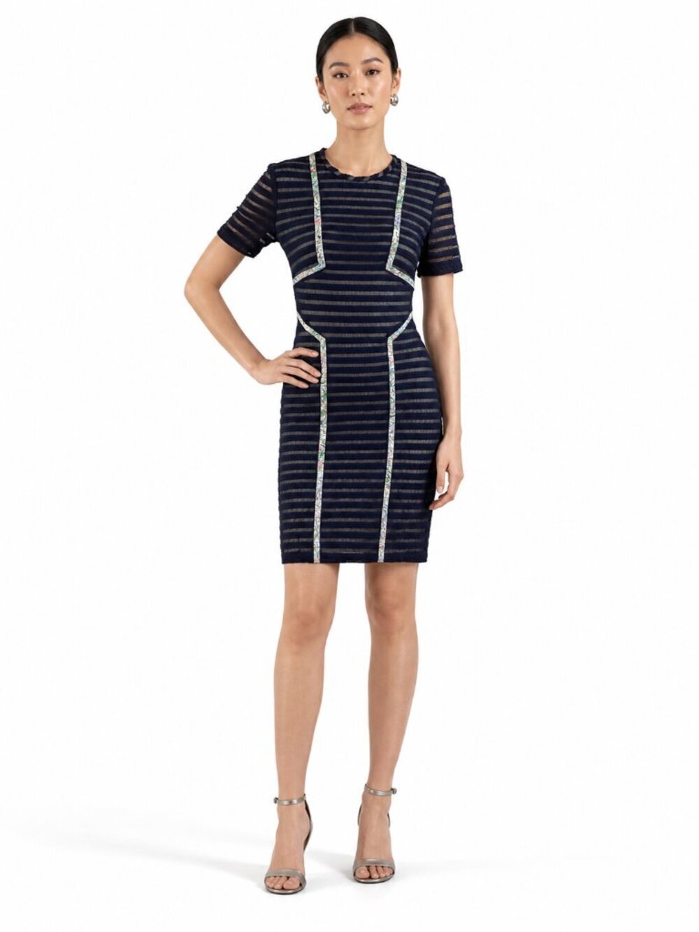 Yigal Azrouël Sheer Striped Bodycon Dress with Floral Trim Navy 2